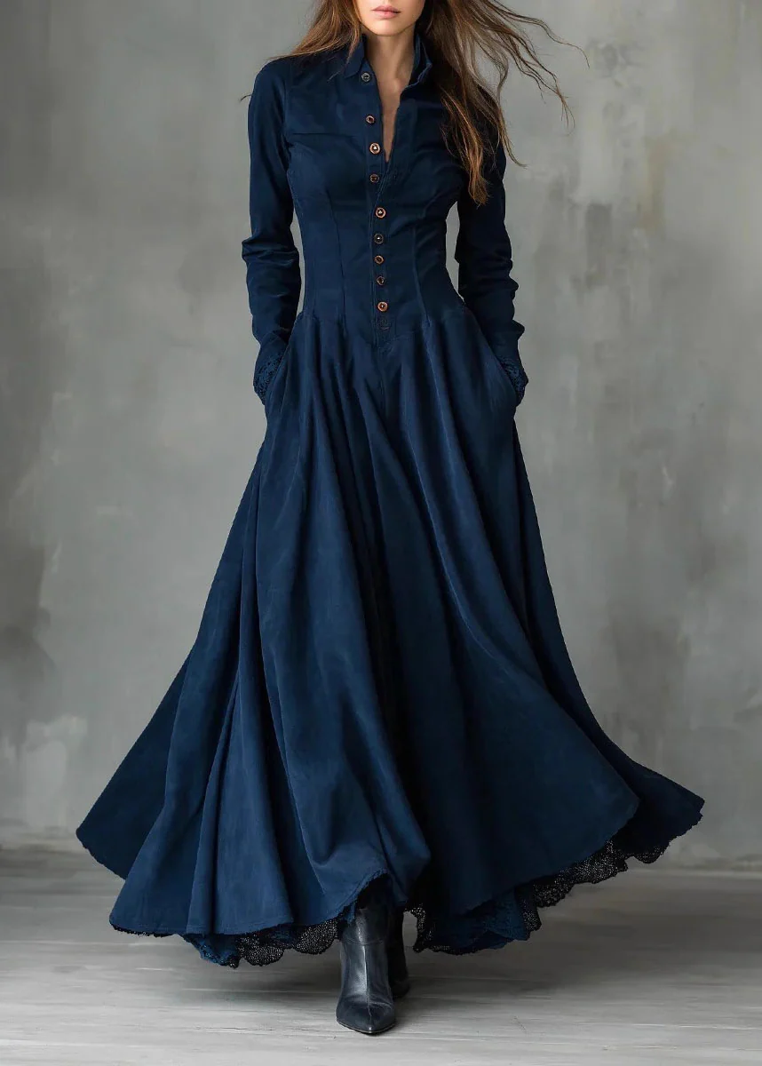 New Navy Peter Pan Collar Lace Patchwork Faux Suede Long Dress Fall