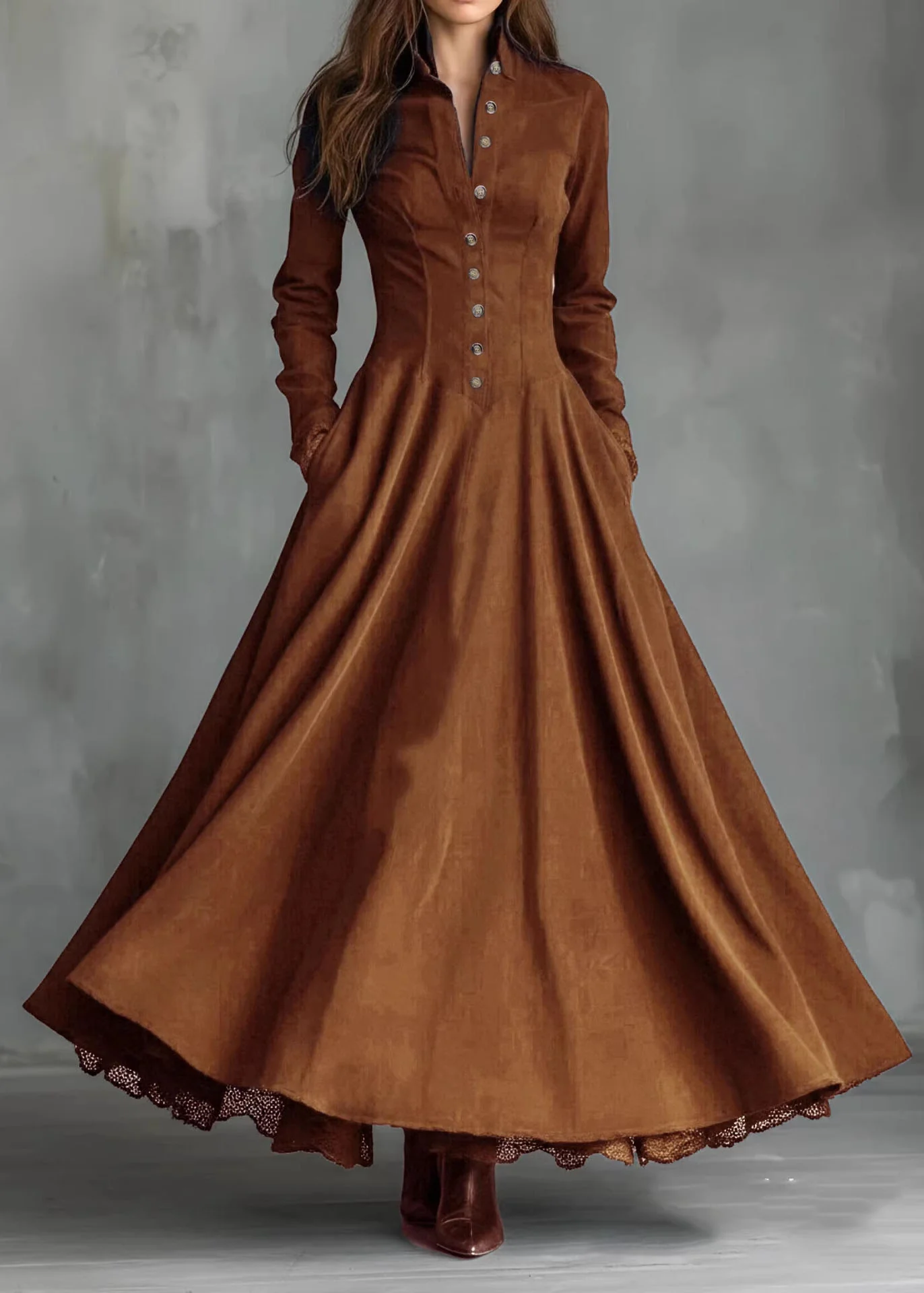New Navy Peter Pan Collar Lace Patchwork Faux Suede Long Dress Fall - Image 3
