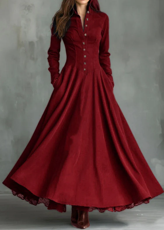 New Navy Peter Pan Collar Lace Patchwork Faux Suede Long Dress Fall - Image 4