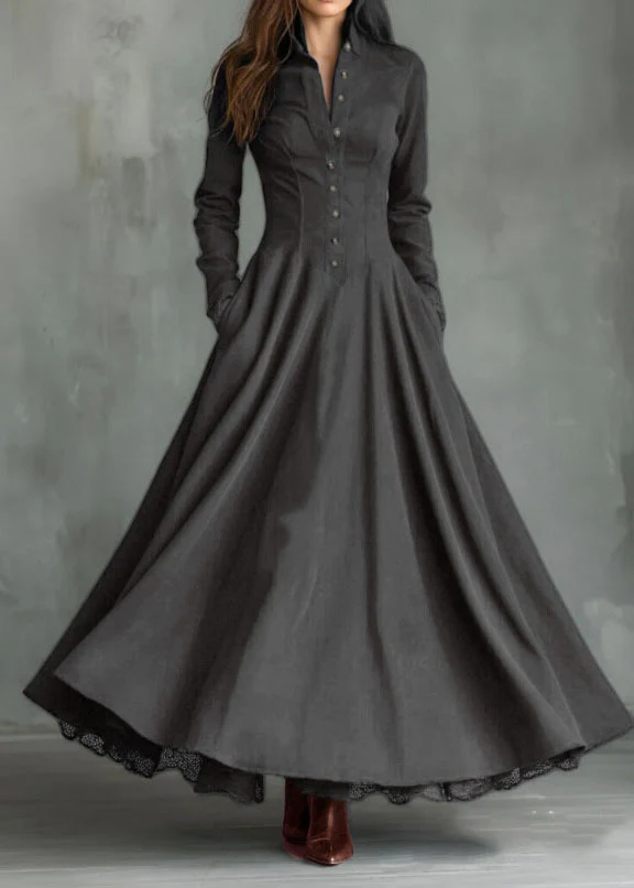 New Navy Peter Pan Collar Lace Patchwork Faux Suede Long Dress Fall - Image 5