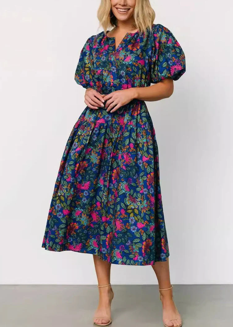 New Navy Print Lace Up Pockets Cotton Dresses Summer - Image 2