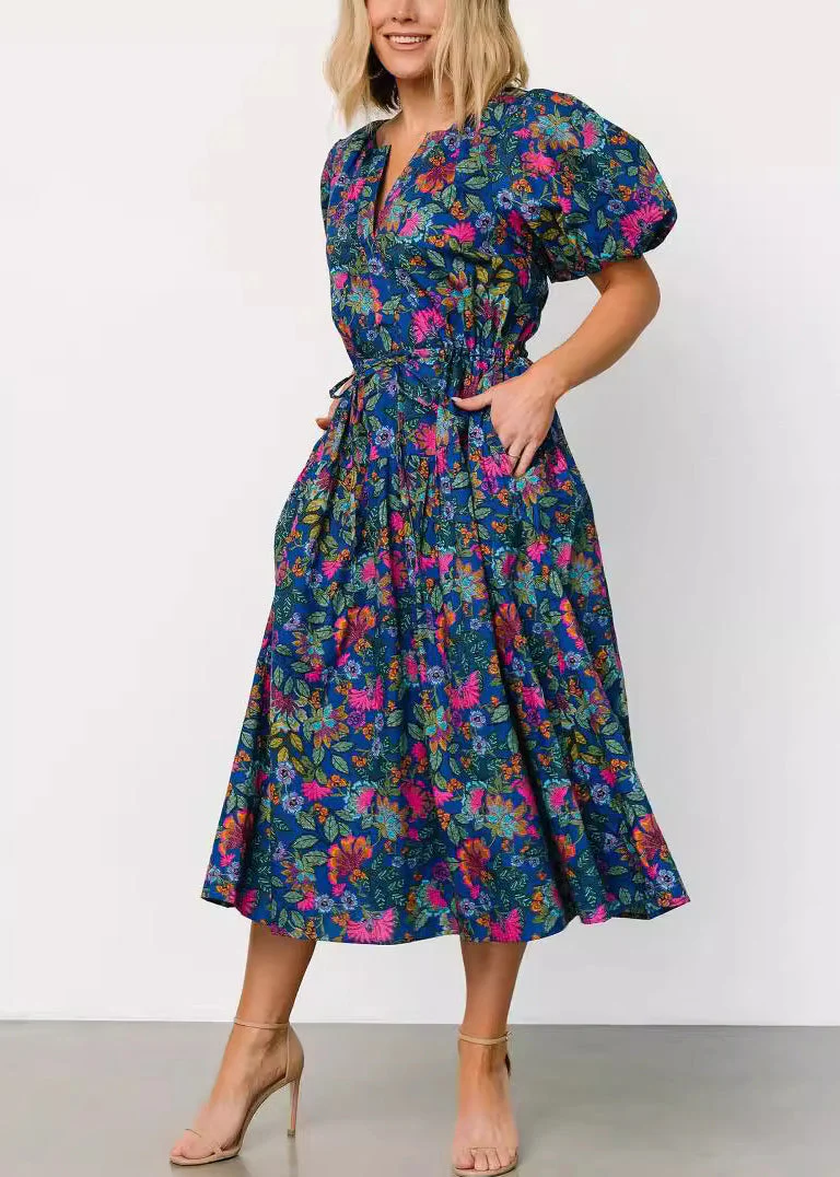 New Navy Print Lace Up Pockets Cotton Dresses Summer - Image 3