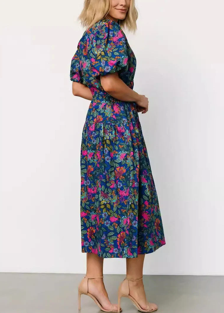 New Navy Print Lace Up Pockets Cotton Dresses Summer - Image 4