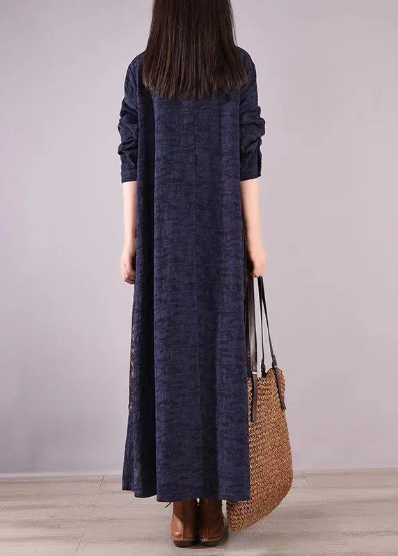 New Navy Print Pockets Button Patchwork Cotton Shirts Dresses Fall - Image 3