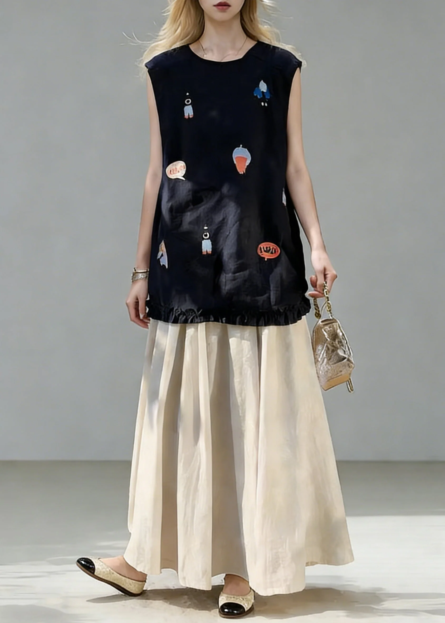 New Navy Print Ruffled Tops And Linen Skirts Two Piece Set Summe - Image 3