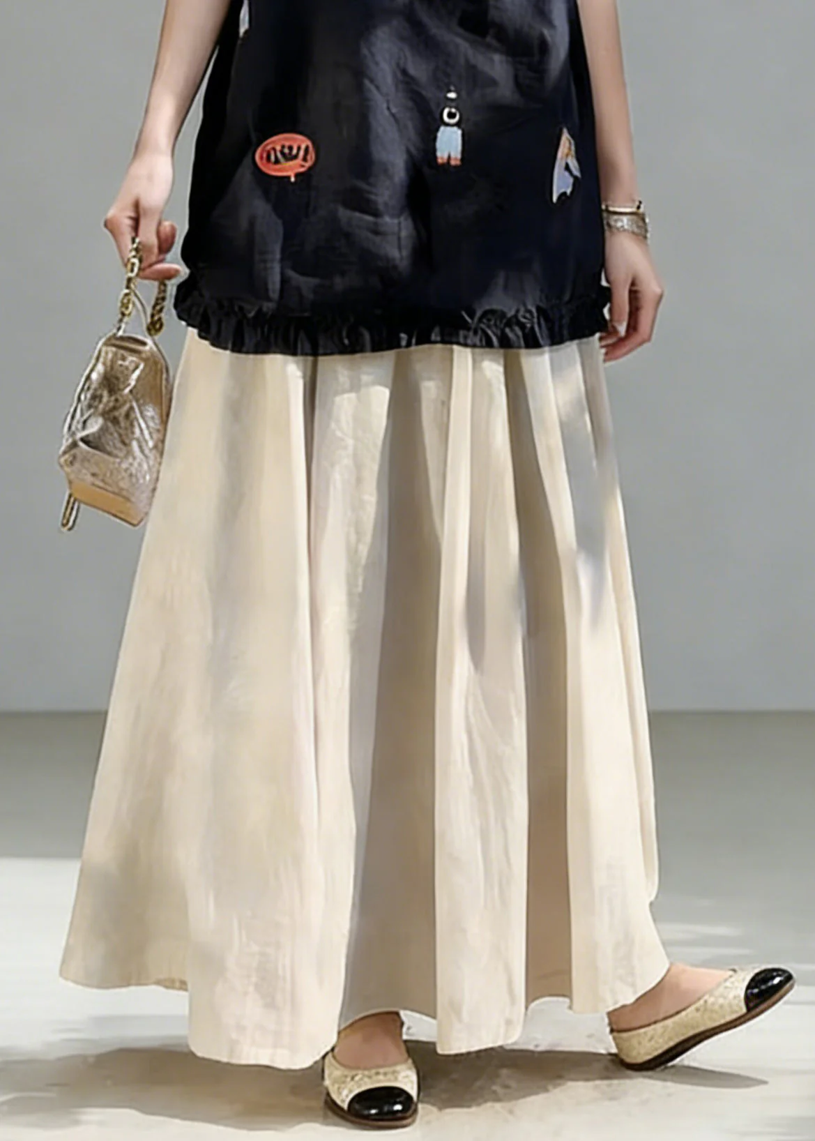 New Navy Print Ruffled Tops And Linen Skirts Two Piece Set Summe - Image 4