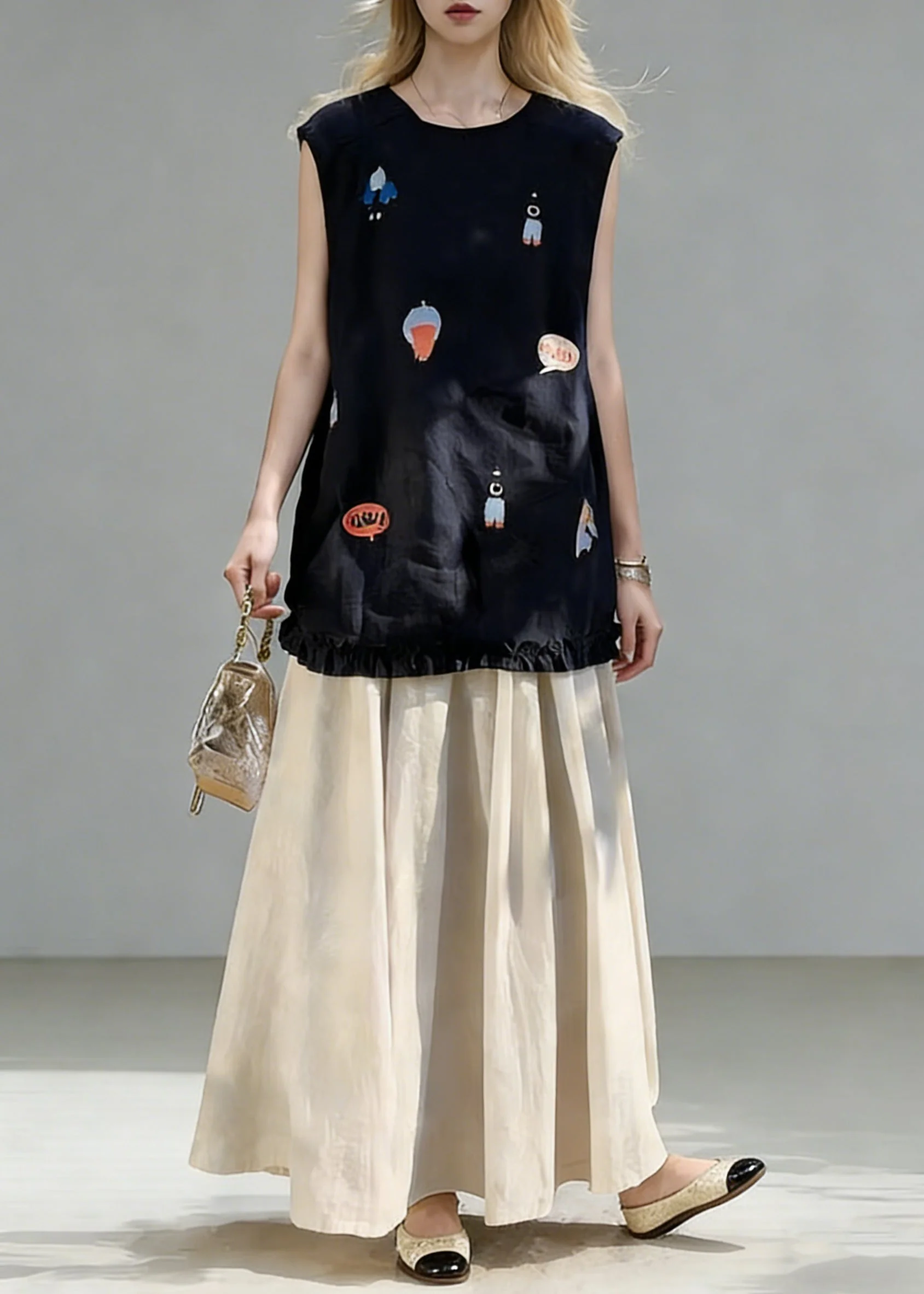 New Navy Print Ruffled Tops And Linen Skirts Two Piece Set Summe - Image 5