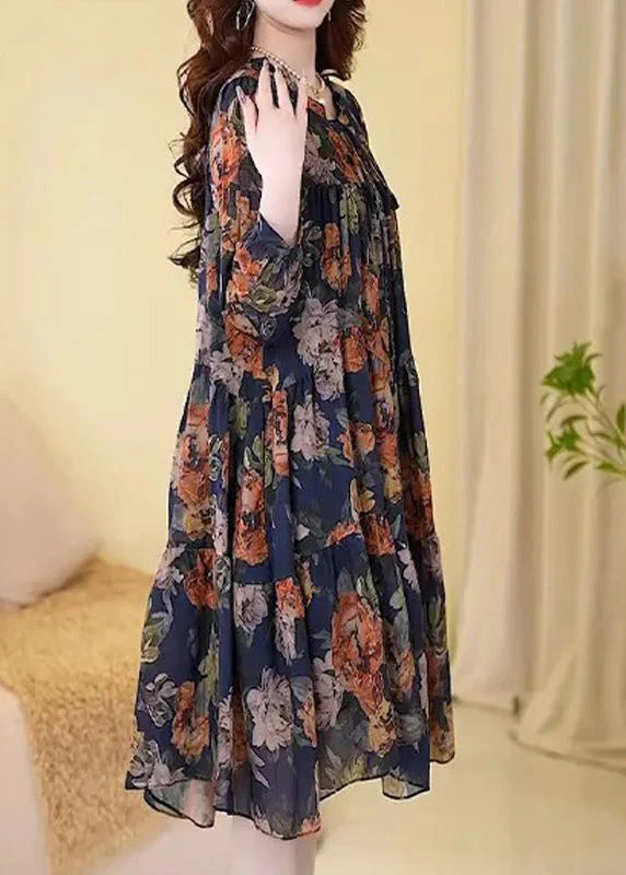 New Navy Print Wrinkled Cotton Long Dresses Long Sleeve - Image 2
