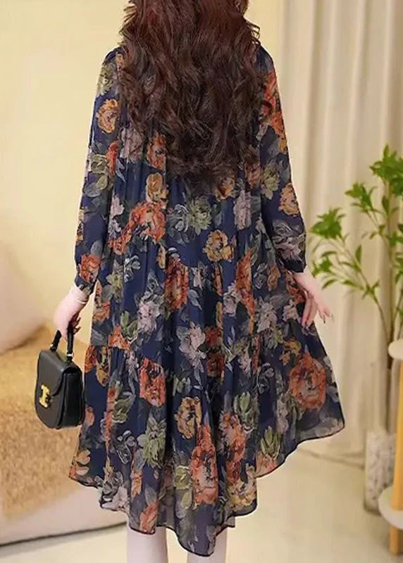 New Navy Print Wrinkled Cotton Long Dresses Long Sleeve - Image 3