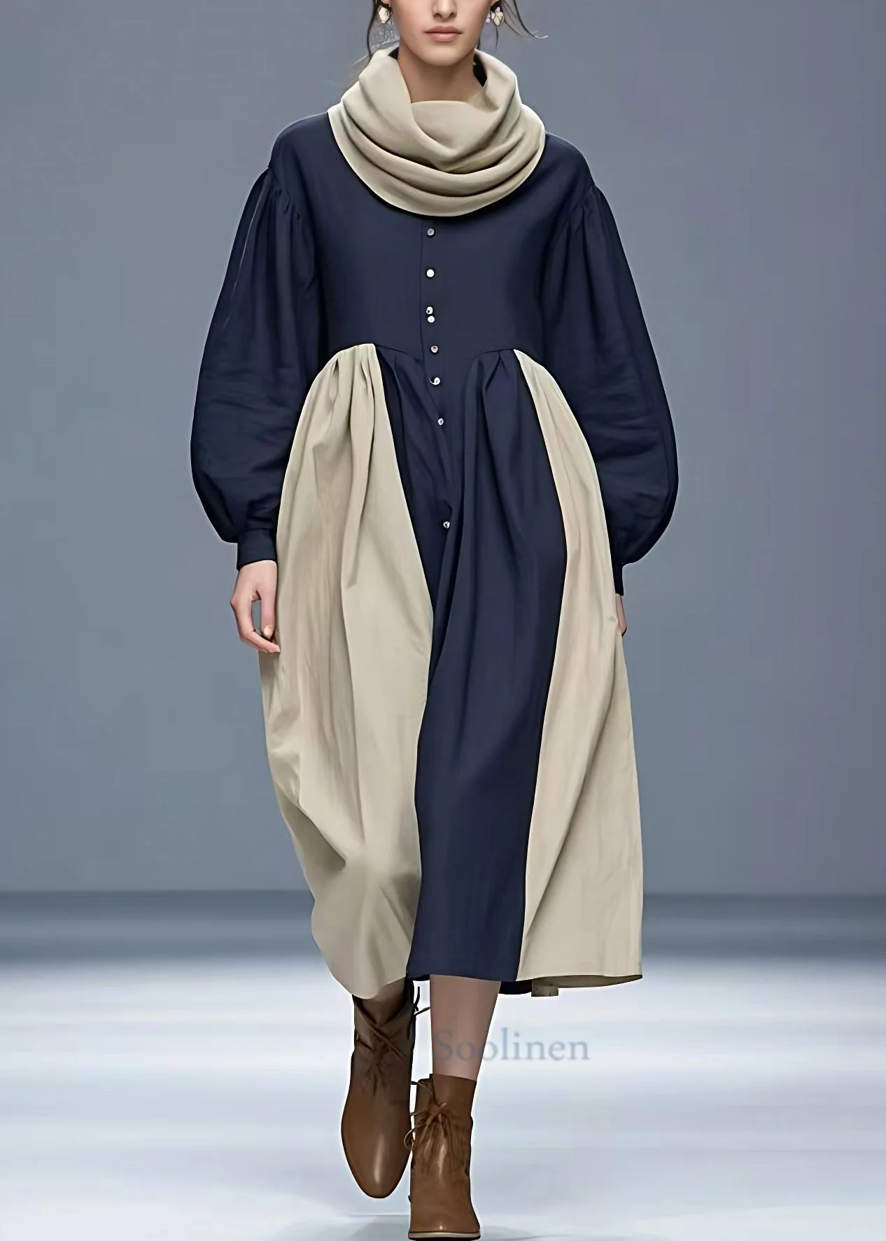New Navy Turtleneck Patchwork Cotton Long Dresses Fall - Image 2