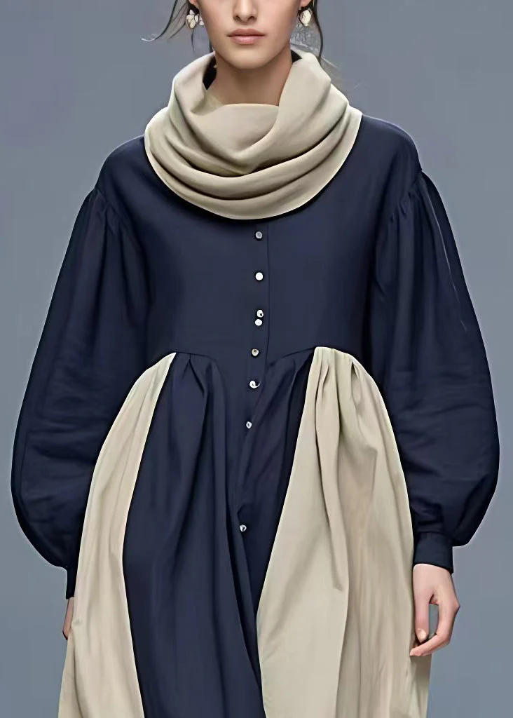 New Navy Turtleneck Patchwork Cotton Long Dresses Fall - Image 3