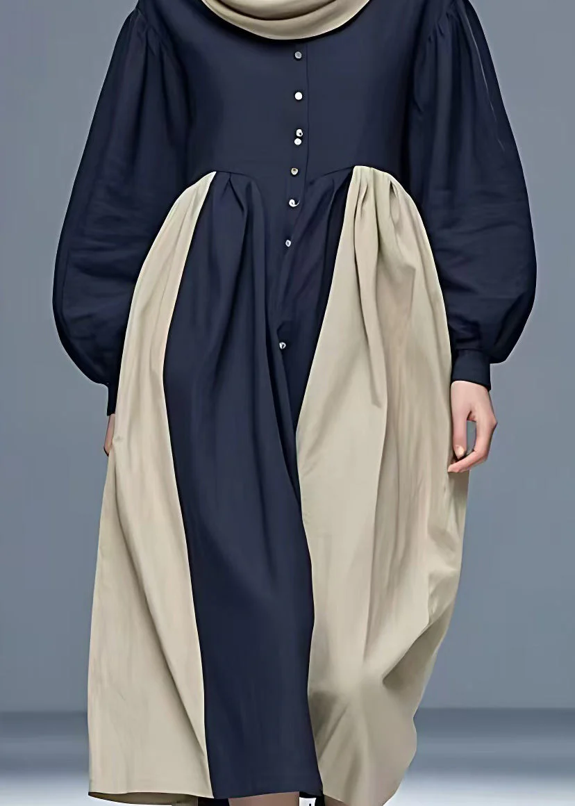 New Navy Turtleneck Patchwork Cotton Long Dresses Fall - Image 4