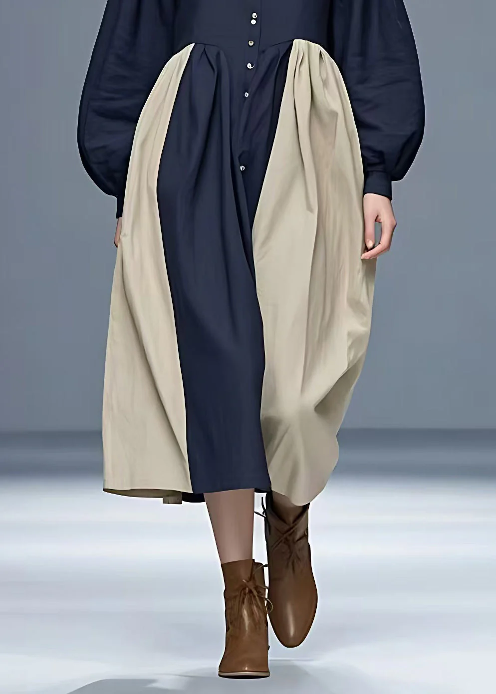 New Navy Turtleneck Patchwork Cotton Long Dresses Fall - Image 5