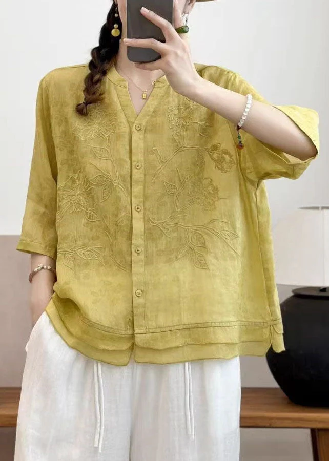 New Navy V Neck Embroidered Patchwork Linen Top Summer - Image 3