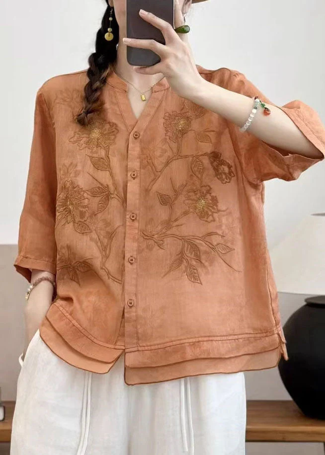 New Navy V Neck Embroidered Patchwork Linen Top Summer - Image 4