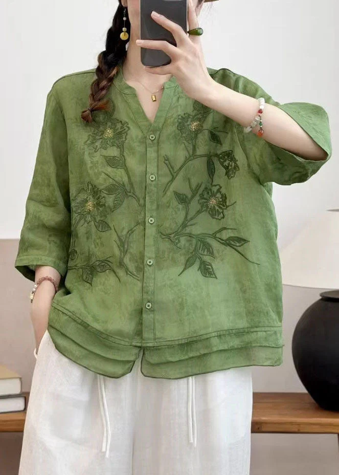 New Navy V Neck Embroidered Patchwork Linen Top Summer - Image 5