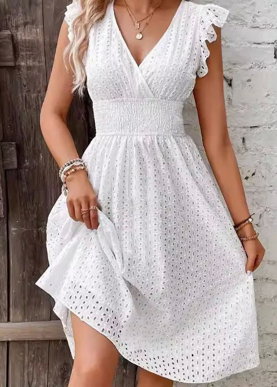 New Navy V Neck Hollow Out Cotton Dress Butterfly Sleeve - Image 2