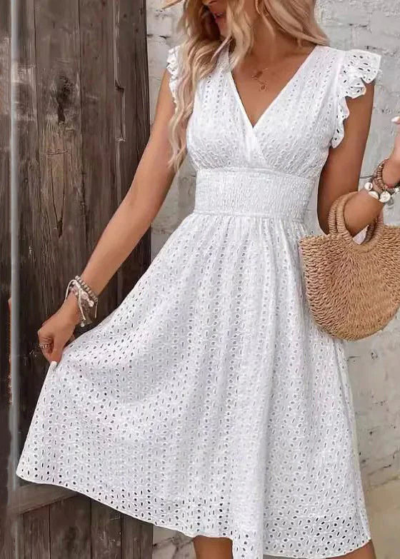 New Navy V Neck Hollow Out Cotton Dress Butterfly Sleeve - Image 3