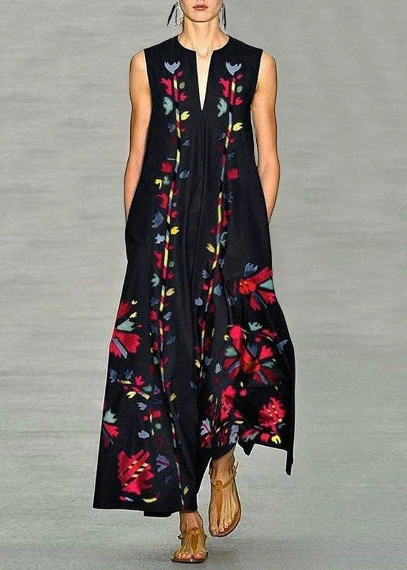 New Navy V Neck Print Chiffon Long Dress Sleeveless - Image 3