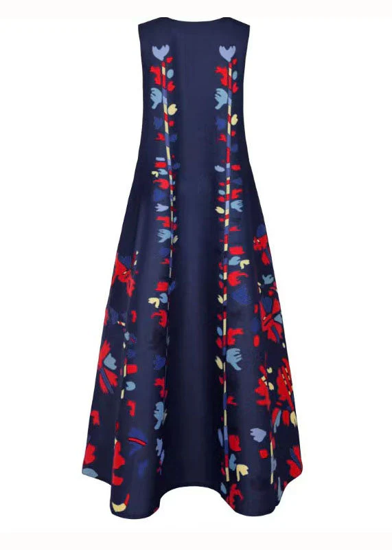 New Navy V Neck Print Chiffon Long Dress Sleeveless - Image 5