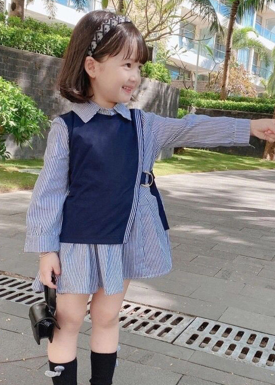 New Navy Waistcoat And Striped Dresses Cotton Girls Two Pieces Set Fall - Image 2