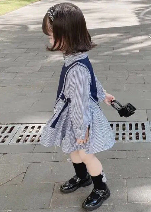 New Navy Waistcoat And Striped Dresses Cotton Girls Two Pieces Set Fall - Image 4