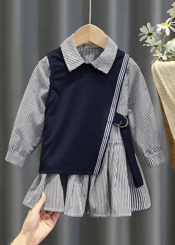 New Navy Waistcoat And Striped Dresses Cotton Girls Two Pieces Set Fall - Image 5