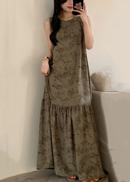 New O Neck Print High Waist Cotton Pajamas Maxi Dresses Sleeveless - Image 2