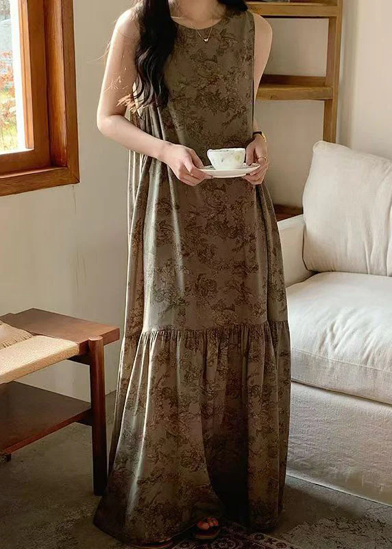 New O Neck Print High Waist Cotton Pajamas Maxi Dresses Sleeveless - Image 3