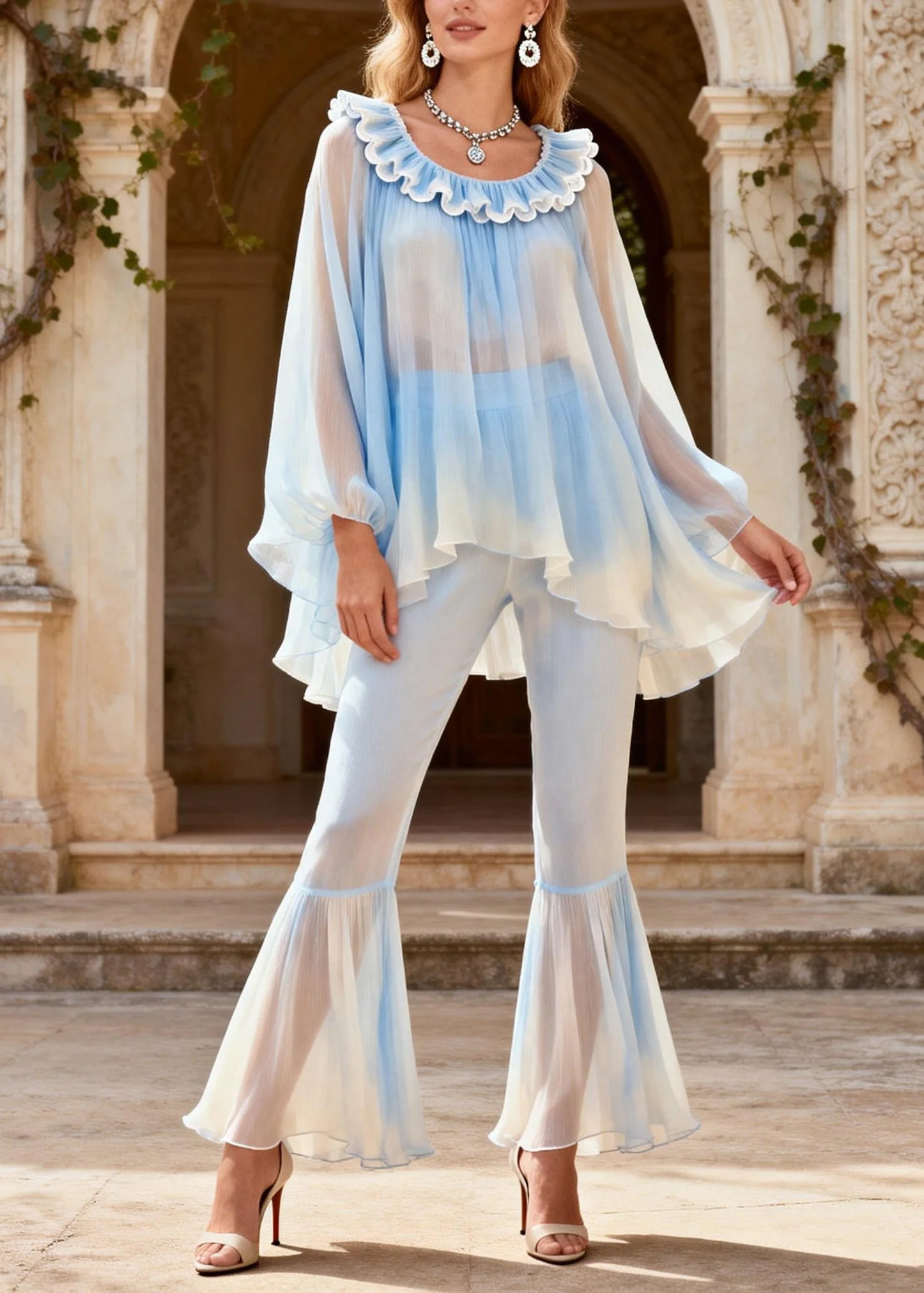 New O Neck Ruffled Patchwork Silk Two Pieces Set Summer - Image 3