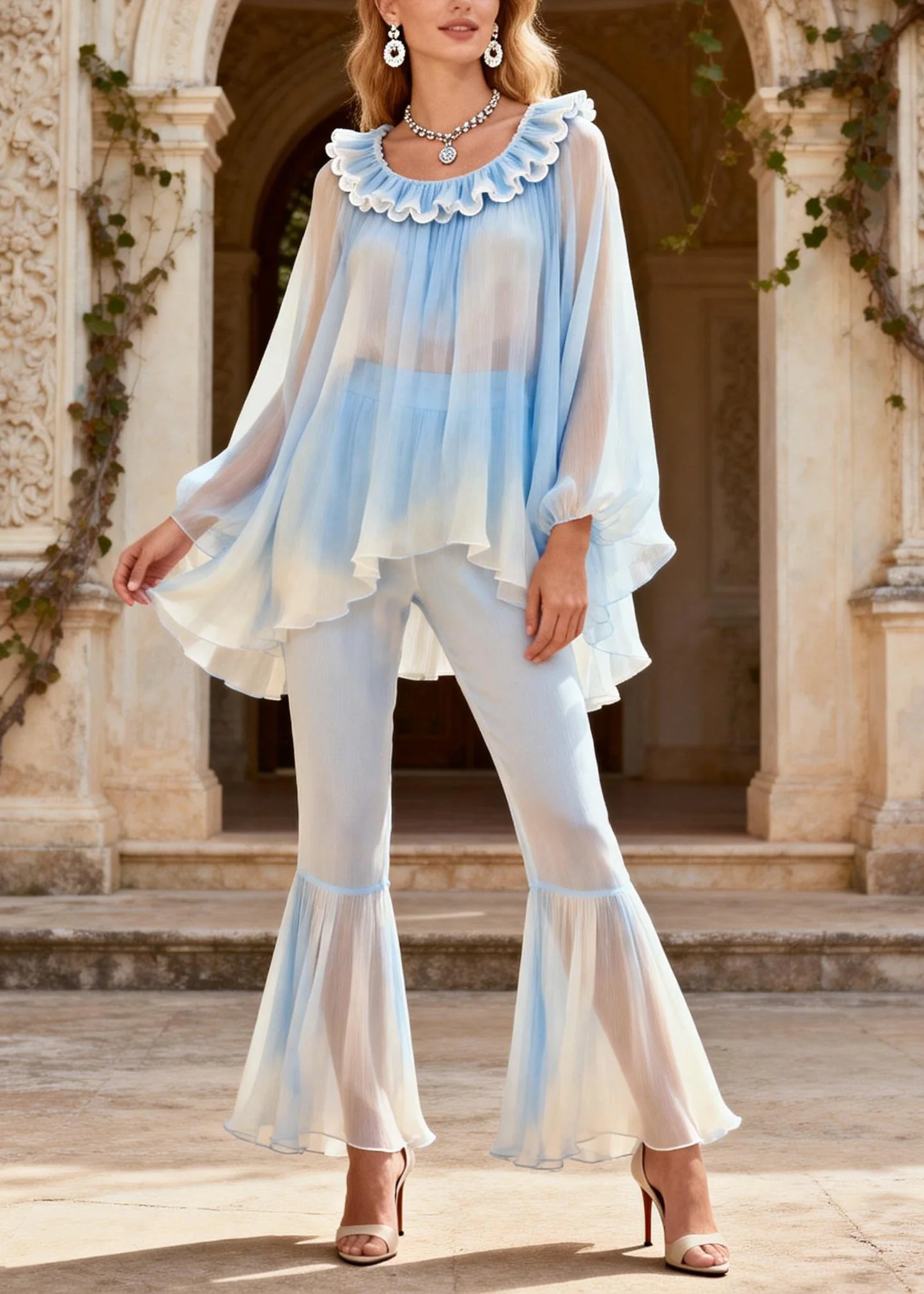 New O Neck Ruffled Patchwork Silk Two Pieces Set Summer - Image 5