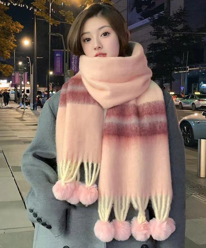 New Orange Fuzzy Ball Decorated  Thick Warm Faux Cashmere Scarf - Image 2