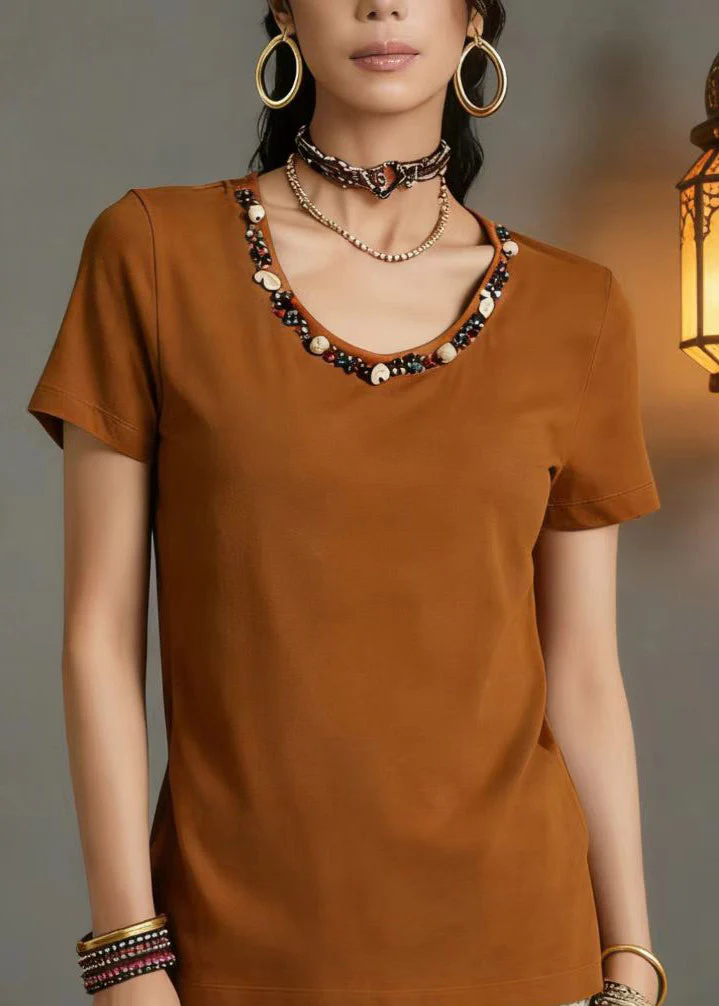 New Orange O Neck Nail Bead Cotton T Shirt Summer - Image 2
