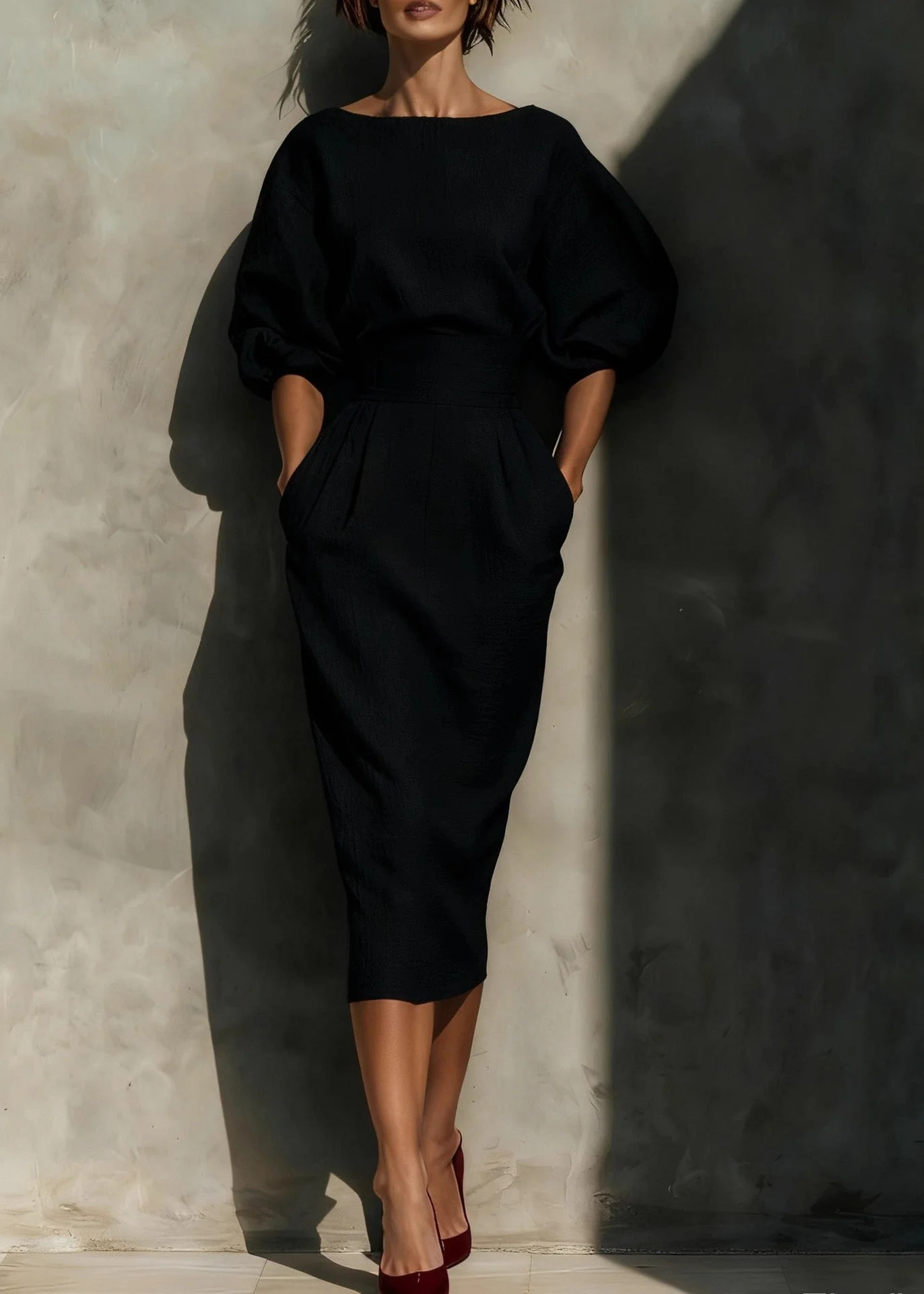 New Orange Pockets Puff Sleeve Cotton Long Dresses - Image 2