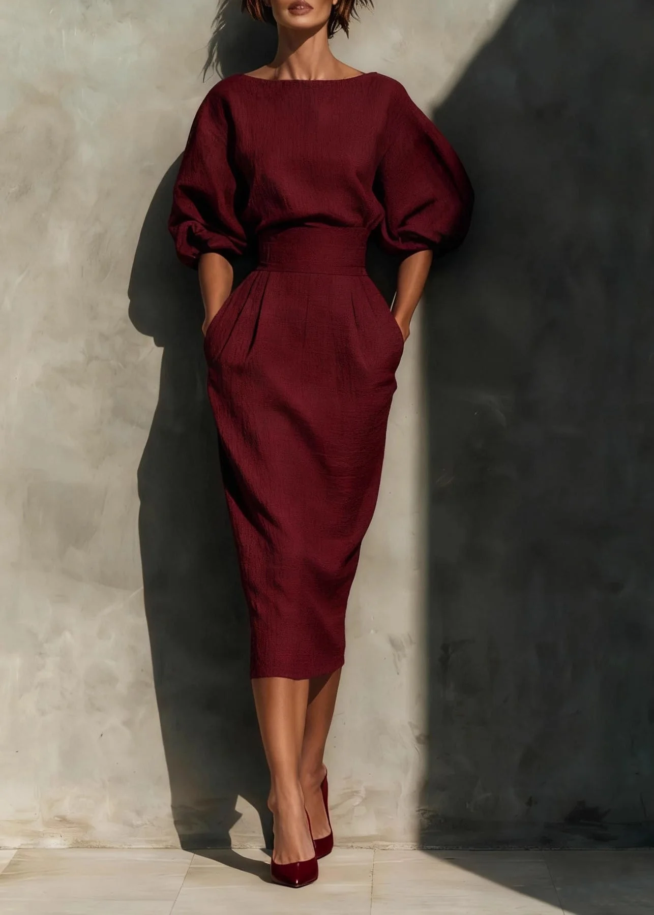 New Orange Pockets Puff Sleeve Cotton Long Dresses - Image 3