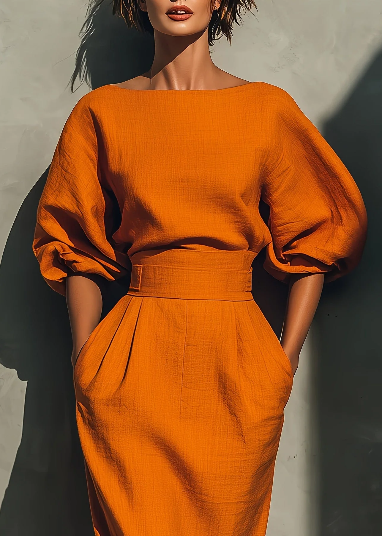 New Orange Pockets Puff Sleeve Cotton Long Dresses - Image 4