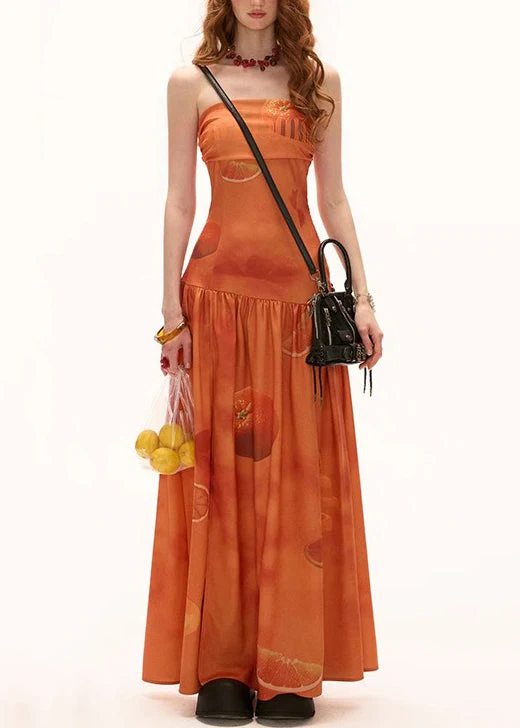 New Orange Print Wrinkled Side Open Cotton Maxi Dresses Sleeveless - Image 2
