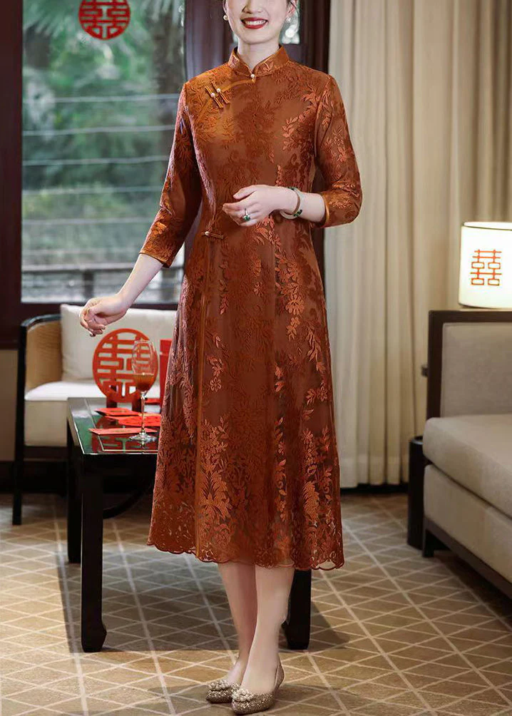 New Orange Stand Collar Button Side Open Lace Dress Bracelet Sleeve - Image 3