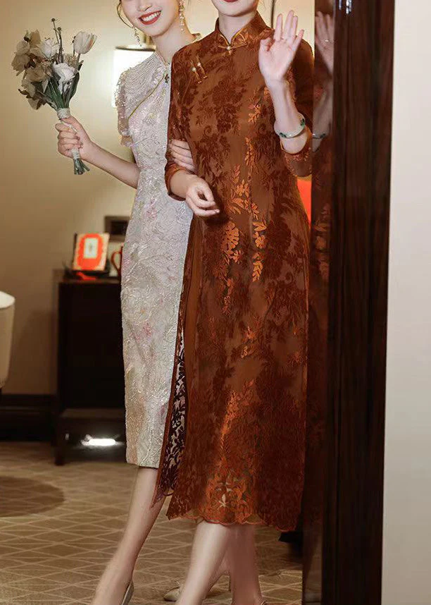 New Orange Stand Collar Button Side Open Lace Dress Bracelet Sleeve - Image 4