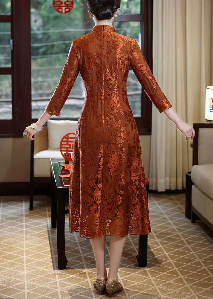 New Orange Stand Collar Button Side Open Lace Dress Bracelet Sleeve - Image 5