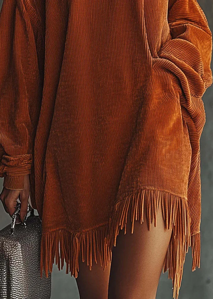 New Orange Tasseled Patchwork Corduroy Dresses Spring - Image 4