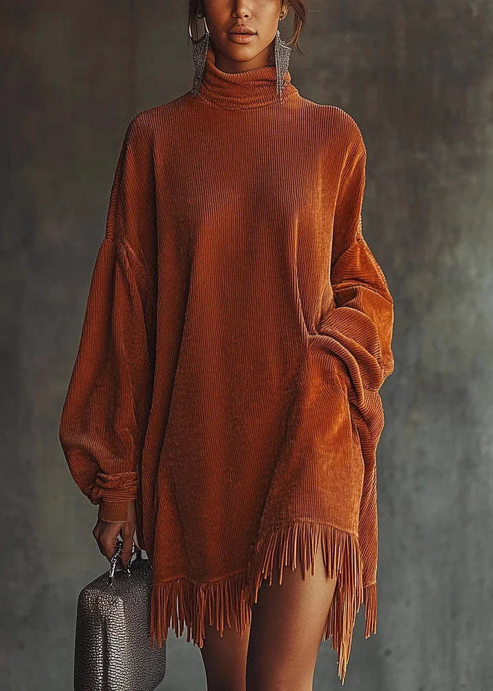 New Orange Tasseled Patchwork Corduroy Dresses Spring - Image 5