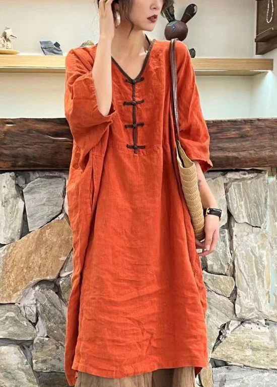 New Orange V Neck Button Pockets Cotton Dress Half Sleeve - Image 3