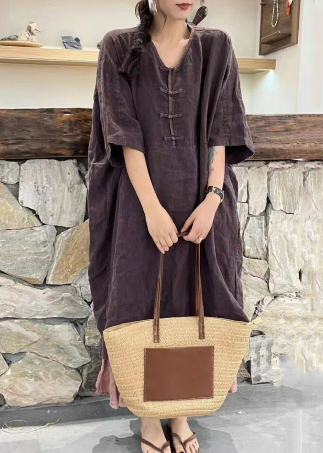 New Orange V Neck Button Pockets Cotton Dress Half Sleeve - Image 4