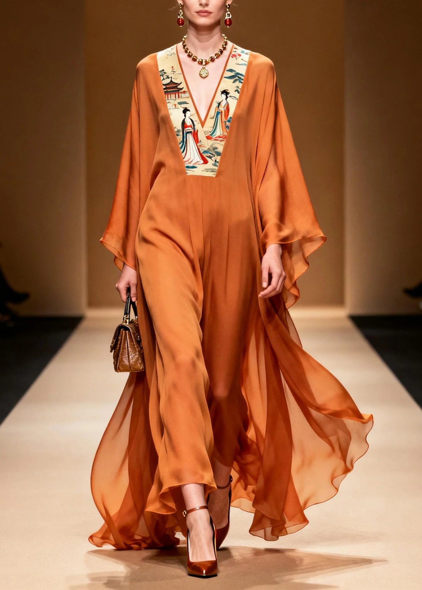 New Orange V Neck Print Patchwork Chiffon Long Dress Spring - Image 3