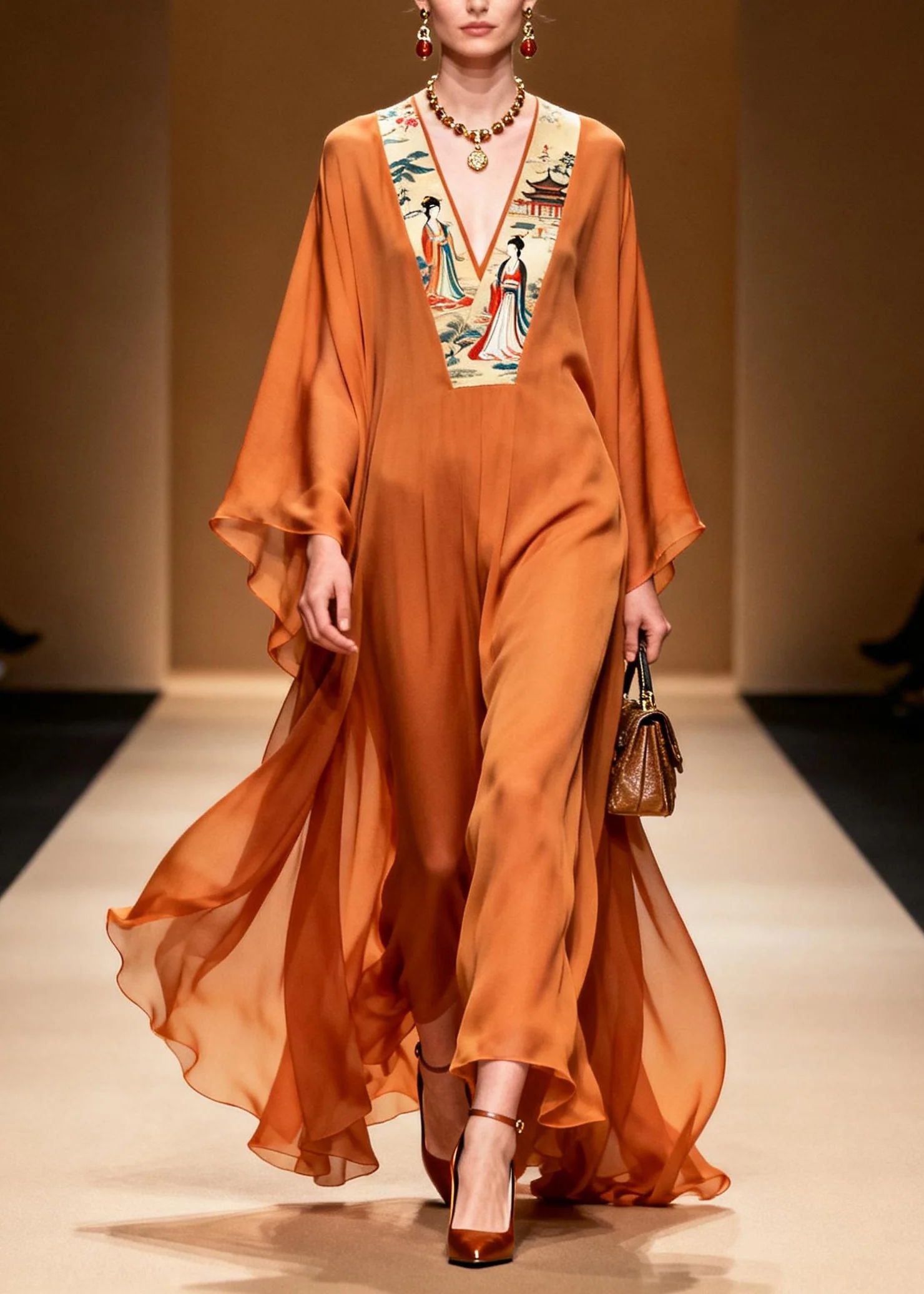 New Orange V Neck Print Patchwork Chiffon Long Dress Spring - Image 5