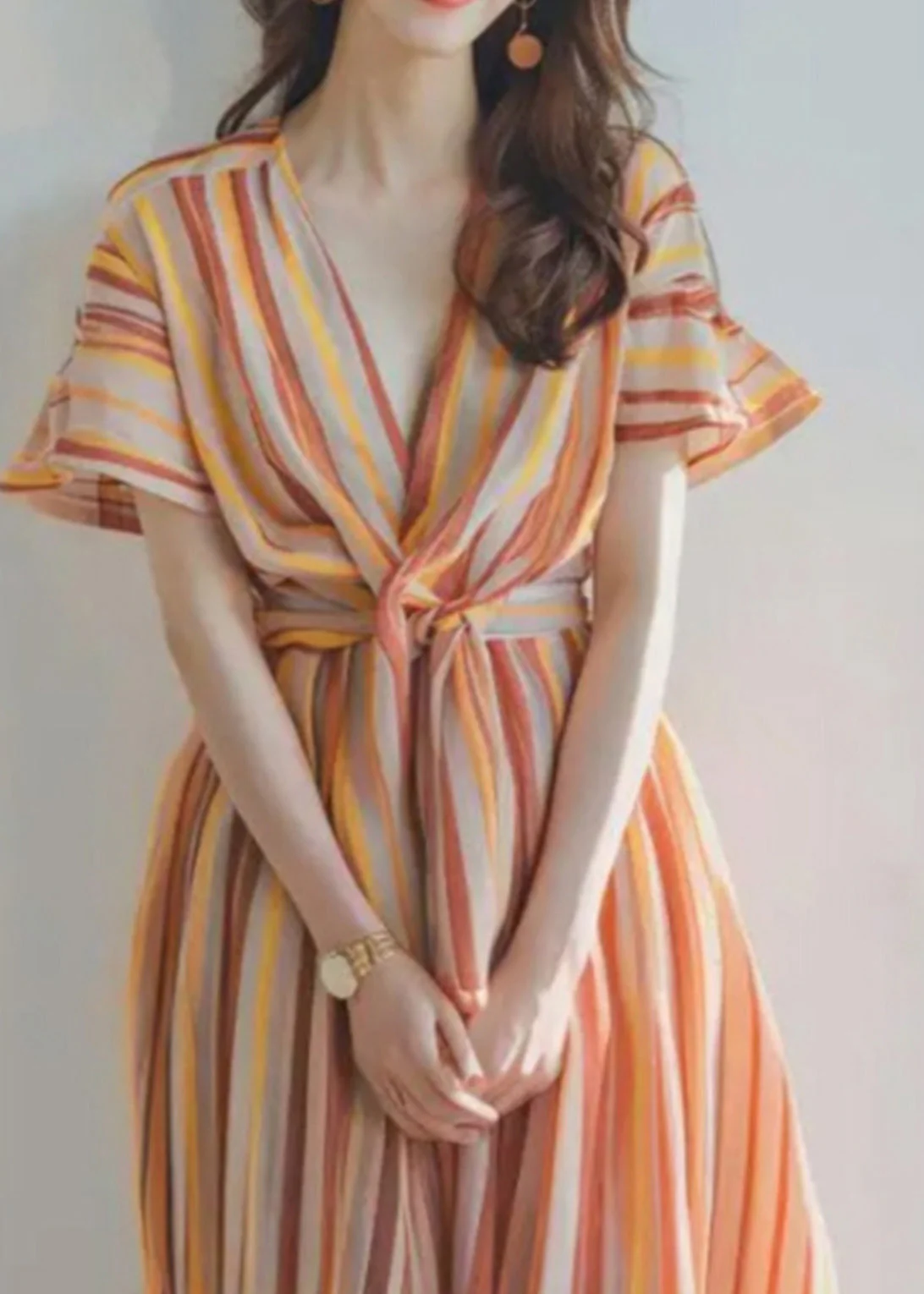 New Orange V Neck Striped Chiffon Dress Summer - Image 3