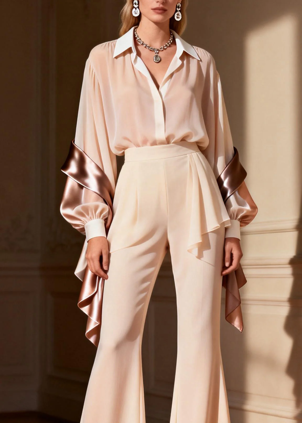 New Peter Pan Collar Patchwork Silk Two Piece Suit Set Spring - Image 2