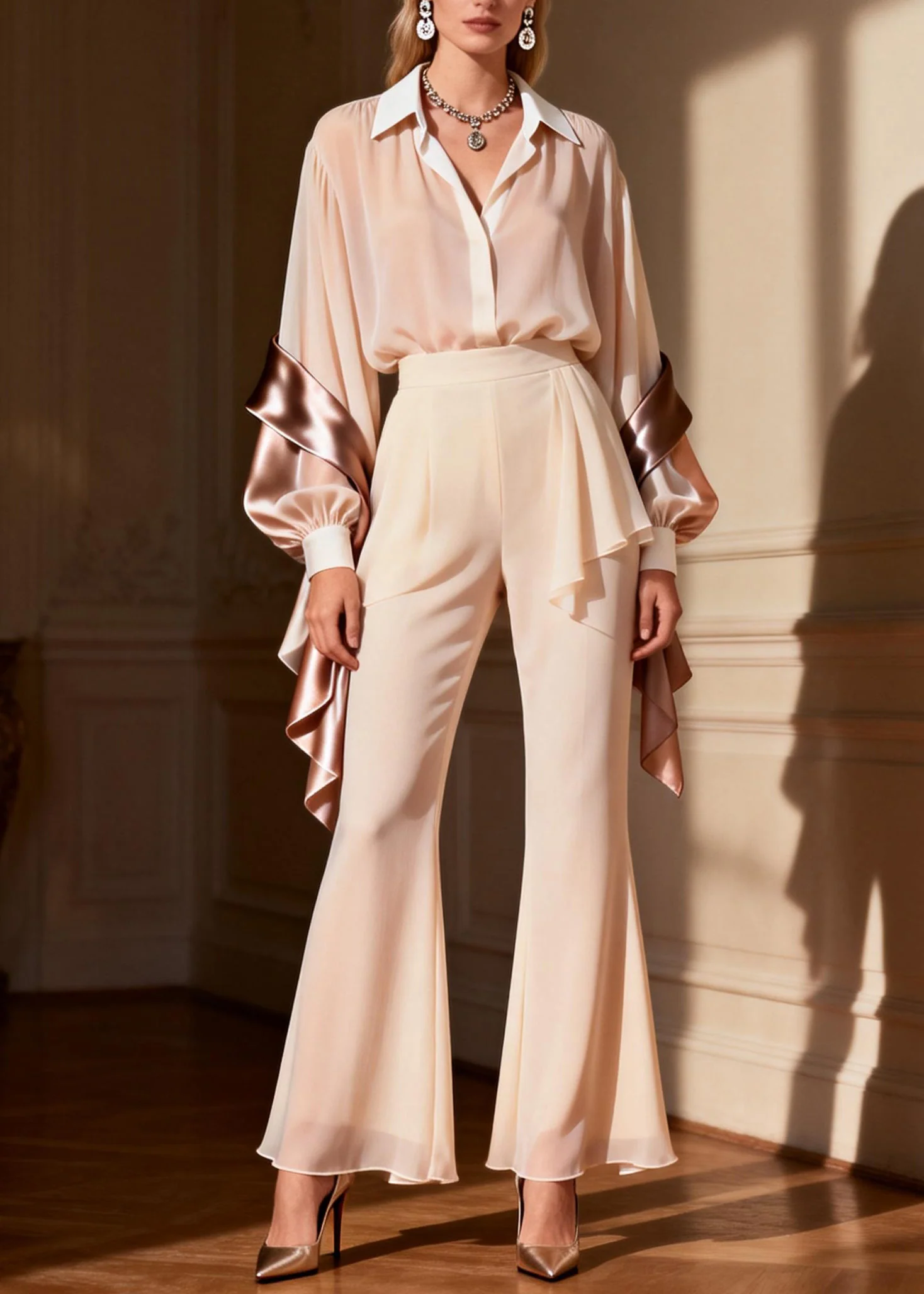 New Peter Pan Collar Patchwork Silk Two Piece Suit Set Spring - Image 5