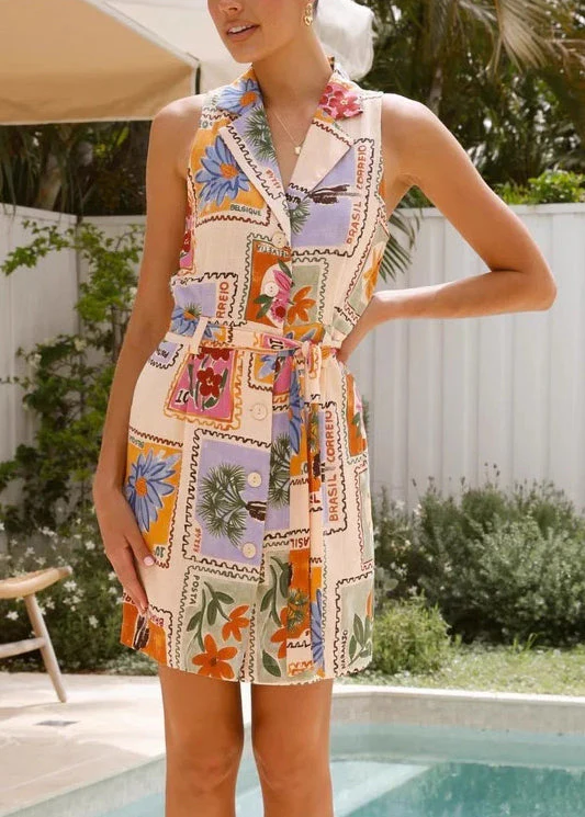 New Peter Pan Collar Print Tie Waist Linen Mid Dress Sleeveless - Image 2